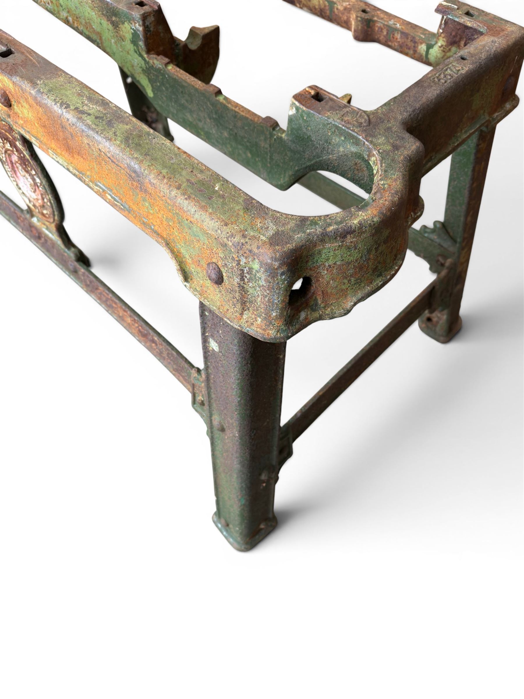 19th century heavy cast iron garden / machine table base, by Henry Bamford & Sons, with plaque, no. 3374, part of the JCB family