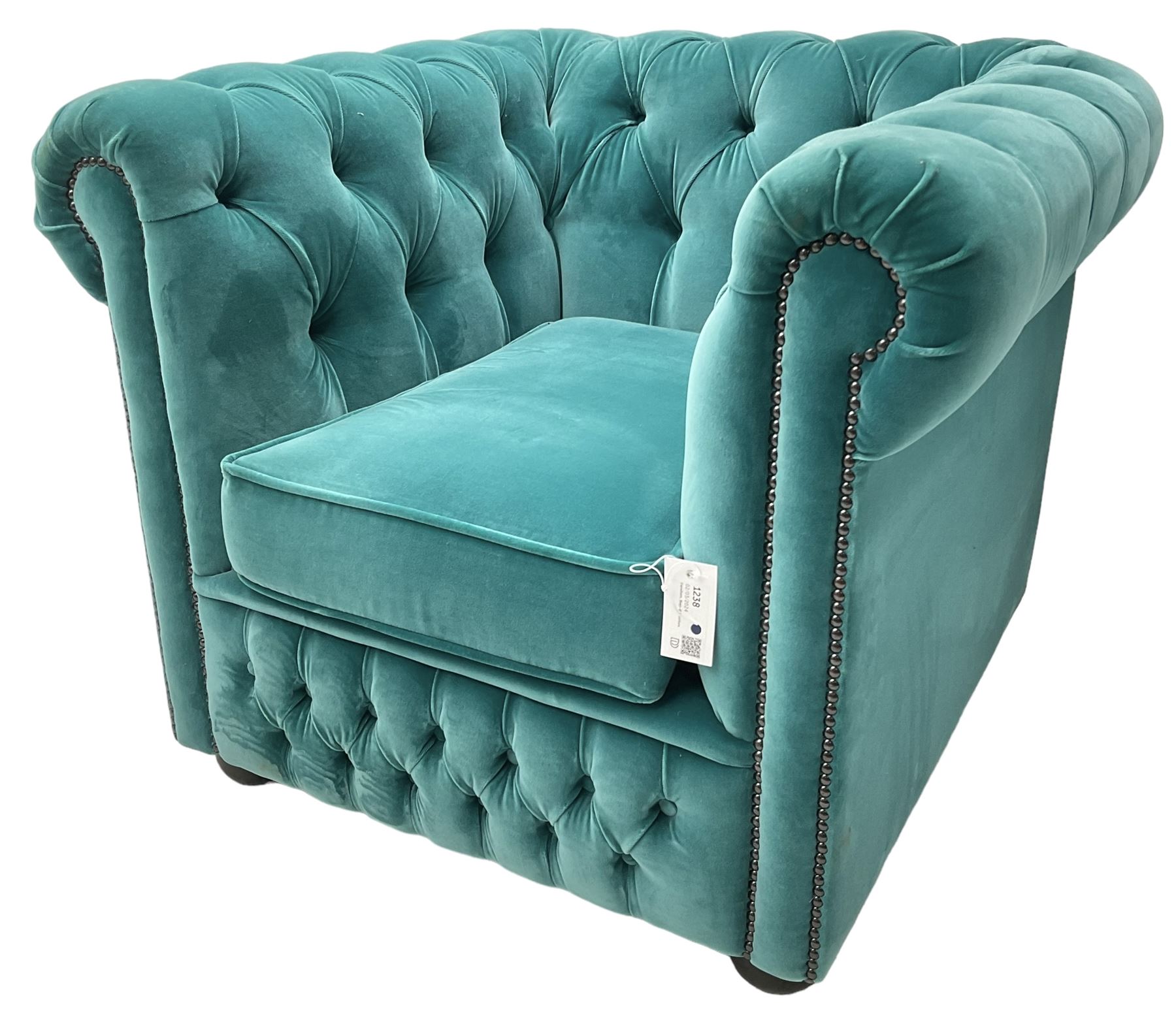 Sofas by Saxon - Chesterfield shape armchair, upholstered in buttoned aqua blue velvet fabric