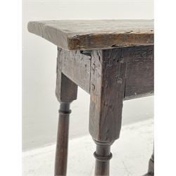 17th century and later oak joined stool, rectangular plank top on turned supports joined by stretchers