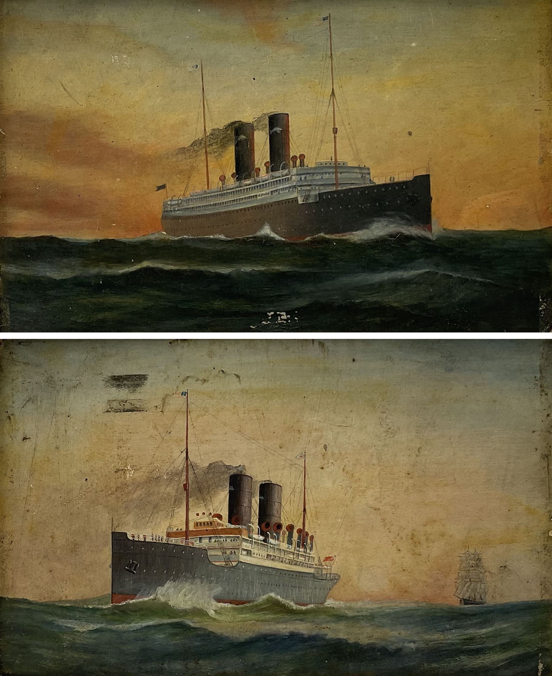 J H (Early 20th century): 'SS Cameronia' & 'SS Caledonia' - Steam Ship Portraits, pair oils on board, signed with initials titled and dated 1913 verso 14cm x 23cm (2)
Notes: The CAMERONIA was a Passenger/Cargo Vessel of 10,963 tons built in 1911 by D & W Henderson Ltd Glasgow, Yard No 472 for the Anchor Line, Glasgow. Her Maiden voyage was from Glasgow to Moville and New York on 13th September 1911. She acted as troopship from 1917. On the 15th April 1917 she was torpedoed and sank in 40 minutes when about 150 miles E of Malta. Around 200 lives lost out of approximately 2,700. The CALEDONIA also built by D. & W. Henderson & Co. Ltd., Glasgow in 1904 and owned at the time of her loss by Anchor Line (Henderson Bros.). Requisitioned by the British Government upon the outbreak of war in 1914, met her fate in the Mediterranean on December 5th, 1916. When 125 miles E. of Malta she encountered the German submarine U-65, which torpedoed her without warning. The captain, Capt. James Blaikie, attempted to sink the submarine by ramming and actually succeeded in striking her. Capt. Blaikie was taken prisoner by the Germans 