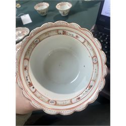 Set of Chinese 20th century tea wares, comprising three bowls of graduating sizes, teacup, spoon rest and small plate, decorated with scenes of figures around a table, each with scalloped rim, largest bowl D12cm