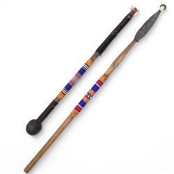 20th century African Zulu knobkerrie with beadwork decoration L79cm and a spear with simil...