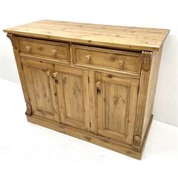 Traditional pine dresser base, two drawers above three cupboard doors, plinth base