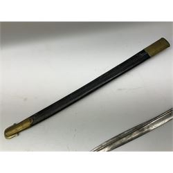 British 1855 pattern 'Sappers & Miners' Lancaster sword bayonet as issued to Medical Corps, the 62cm steel blade marked S&K with various numbers; in brass mounted leather scabbard numbered 1176