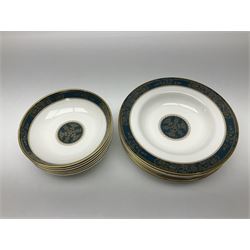 Royal Doulton Carlyle pattern tea and dinner service for six, to include teapot, coffee pot, teacups and saucers, coffee cups and saucers, milk jug, open sucrier, dinner plates, side plates, bowls, soup bowls, to covered dishes etc (64) 