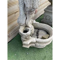 Three section cast stone garden figure of a boy carrying fishing net and a satchel with a water feature together with a cast stone planter on plinth - THIS LOT IS TO BE COLLECTED BY APPOINTMENT FROM DUGGLEBY STORAGE, GREAT HILL, EASTFIELD, SCARBOROUGH, YO11 3TX
