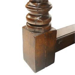 17th century design 8ft dark oak refectory dining table, the rectangular top raised on four turned baluster supports united by H-stretcher