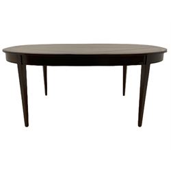 Grange Furniture - cherry wood finish oval extending dining table on square tapering supports, and a set of eight dining chairs with curved backs and upholstered seats 