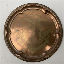HMS Foudroyant copper tray, with label to reverse, together with a Georgian coin purse, plate D30cm