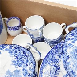 Large collection of mixed blue and white, including two covered tureens, miniature Ridgway tea service, etc in one box