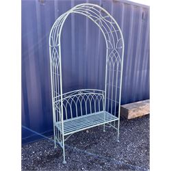 Green painted wrought metal two seat garden arbour bench - THIS LOT IS TO BE COLLECTED BY APPOINTMENT FROM DUGGLEBY STORAGE, GREAT HILL, EASTFIELD, SCARBOROUGH, YO11 3TX