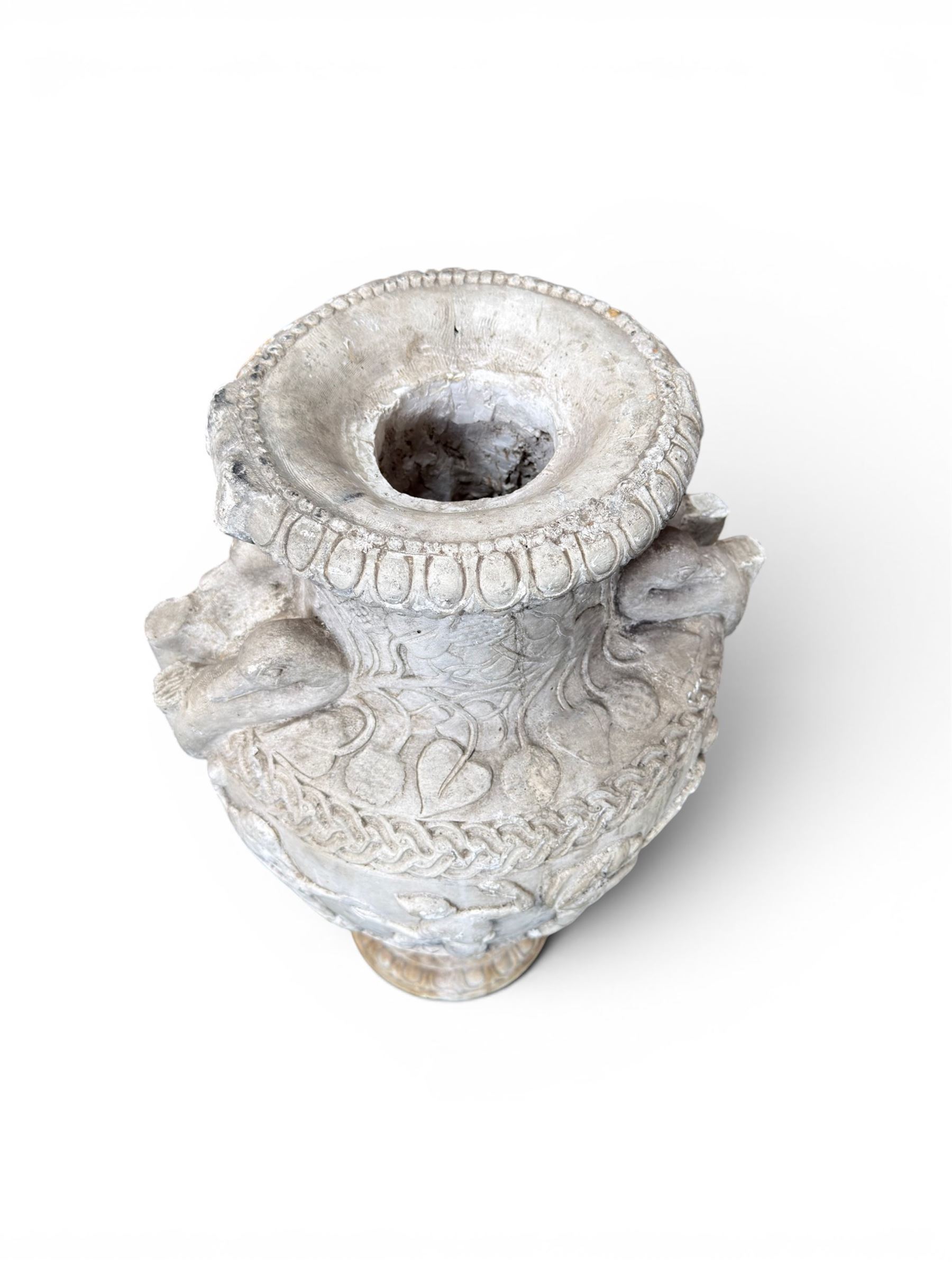 Early 20th century painted plaster classical urn, detailed with swan necks and mythical scenes