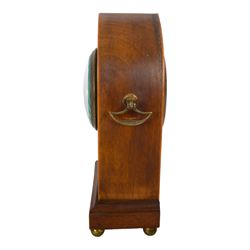 Edwardian painted mahogany lancet clock, arched case with brass side handles, 8-day movement stamped with Richard & Co logo and brass back cover, enamelled dial with Roman chapters, brass hands, glass bezel, arched case with brass side handles on brass bun feet, dial chipped, with winding key 
