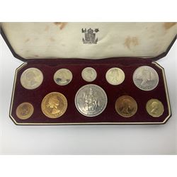 Queen Elizabeth II 1953 ten coin specimen set, farthing to crown, housed in red dated case