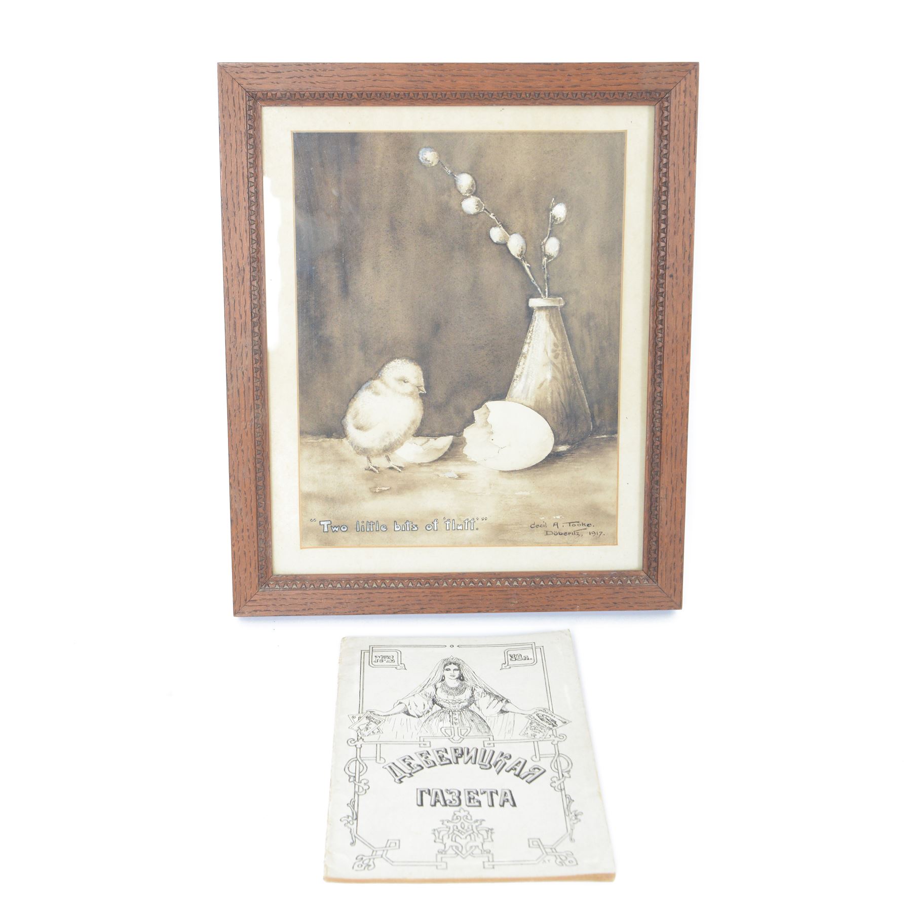 Cecil. A. Tooke; Two Little Bits of Fluff, framed watercolour painted by Royal Naval Volunteer Reserve C A Tooke, painted in Doberitz prisoner of war camp, together with with Doberitz maganize with drawings by Cecil Tooke