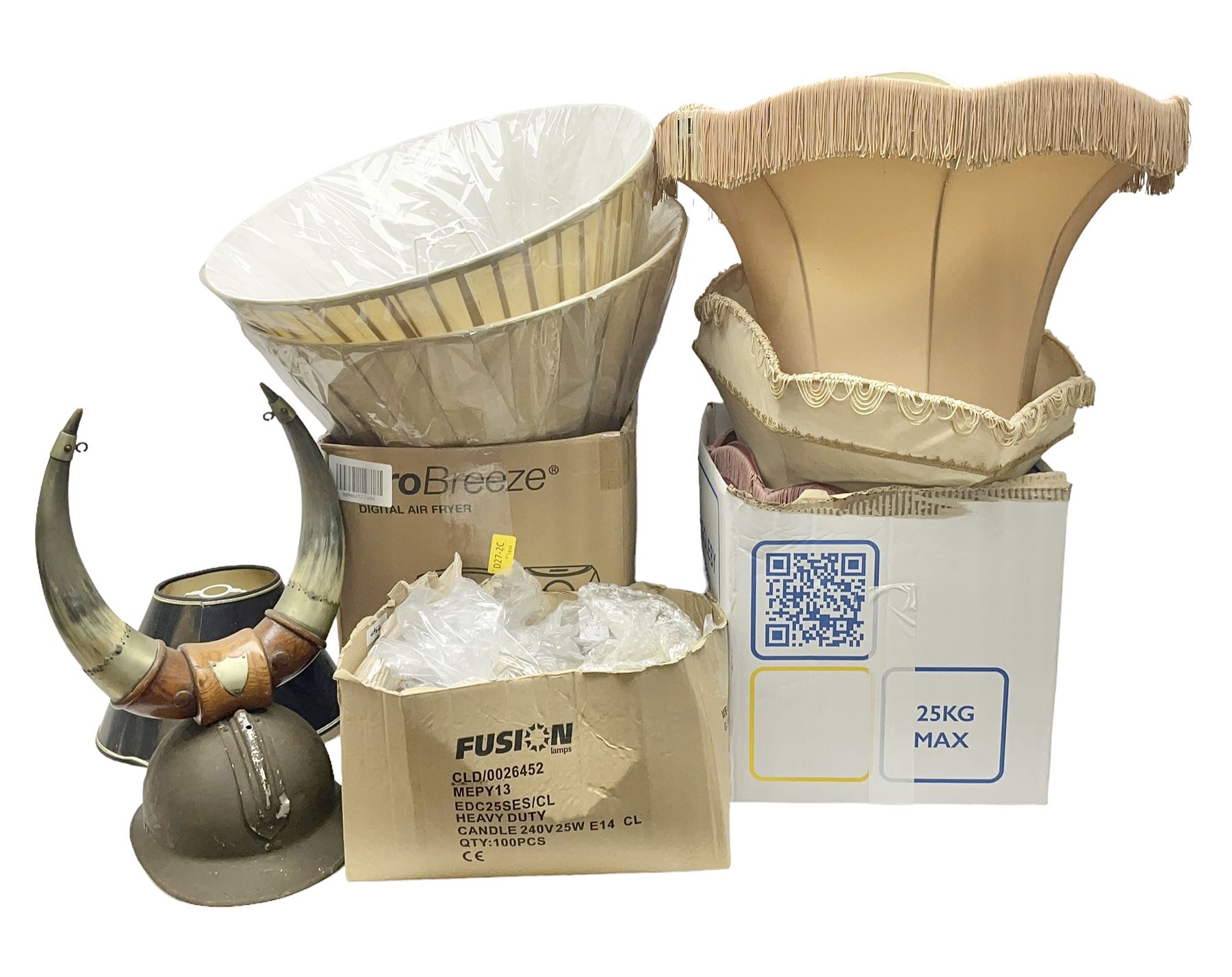 French Adrian helmet and cow horn gong stand; and quantity of lamp shades, etc, helmet H47cm
