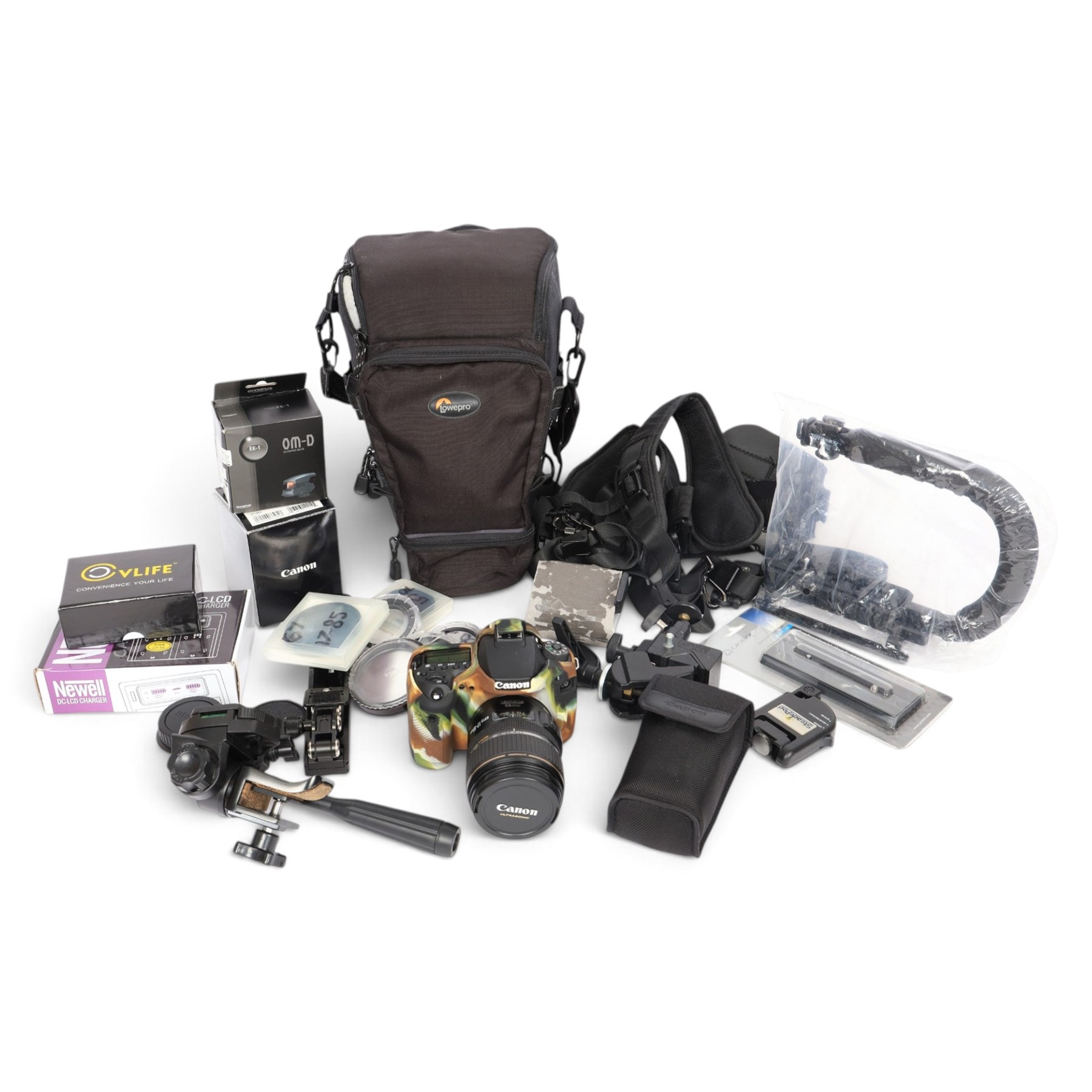 Canon EOS 90D DSLR camera body serial no. 064051002694, in a silicon camouflage case, with a Canon EF-S 17-85mm 1:4-5.6 Image Stabilising Ultrasonic zoom lens serial no. 4512926109, Canon Extender EF 1.4 x III and other accessories including Lowepro carry case, Visionary clamp, Canon Speedlite 430 EXII, Ultimaxx Grip Stabiliser, Newell Dual Battery Charger, Very100 sight, Olympus OM-D EE-1 dot sight, various filters, etc