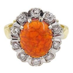 Gold cabochon orange/green fire opal and round brilliant cut diamond cluster ring, stamped 18ct
