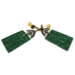  Pair of patterned jade, onyx and diamond pendant ear-rings  