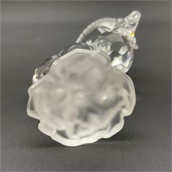 Swarovski Crystal animals, comprising white peacock, the tail with cascading blue flowers, perched eagle with yellow beak, ibex with frosted crystal horns and unicorn with frosted crystal horn, tallest H13cm