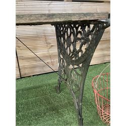 Cast iron and wood slatted garden table and pair of metal hanging baskets  - THIS LOT IS TO BE COLLECTED BY APPOINTMENT FROM DUGGLEBY STORAGE, GREAT HILL, EASTFIELD, SCARBOROUGH, YO11 3TX