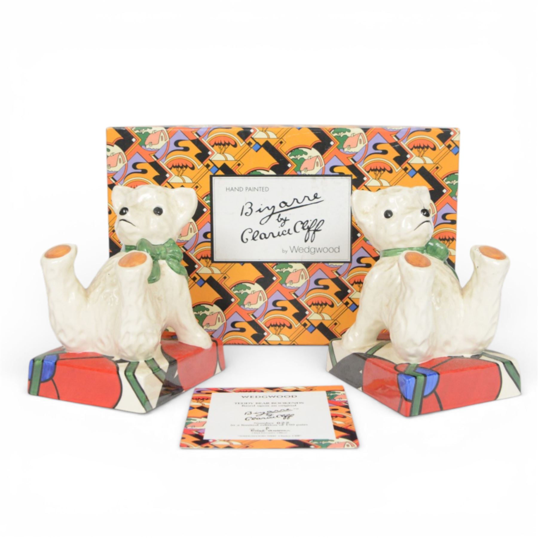 Wedgwood Bizarre by Clarice Cliff, Teddy Bear Bookends, hand painted based upon an original, limited edition 22/150, with certificate and box, H16cm