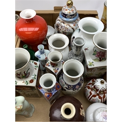  A large quantity of assorted ceramics, to include a Clarice Cliff teacup, saucer, and side plate decorated with floral sprays, a Sylvac vase, a pair of lustre vases, and a large selection of modern Oriental vases.   