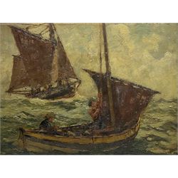 William J Mann (Scarborough early 20th century): 'A Fair Breeze' - Scarborough Yawl and Coble at Sea, oil on panel signed, titled and inscribed 'Newby' verso 33cm x 44cm