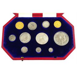 King Edward VII 1902 matt proof short coin set, comprising gold half sovereign and sovereign, silver maundy money set, sixpence, shilling, florin, halfcrown and crown, housed in the official dated case of issue