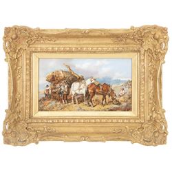 Harden Sidney Melville (British 1824-1894): The Logging Cart, two oils on panel signed, max 13.5cm x 24cm (2)