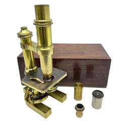 19th century brass monocular microscope by R. & J. Beck London No.18760 with hinged column and pitchfork base H25cm; in fitted mahogany case with two lenses