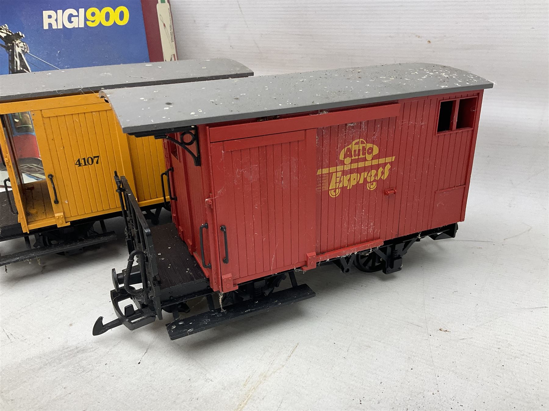 Three LGB (Lehmann Gross Bahn) G scale, gauge 1, rolling stock wagons, comprising two Lake George and Boulder wagons and an Auto Express wagon, together with a LGB passenger coach, other LGB rolling stock and a Lehmann Rigi900 ski lift