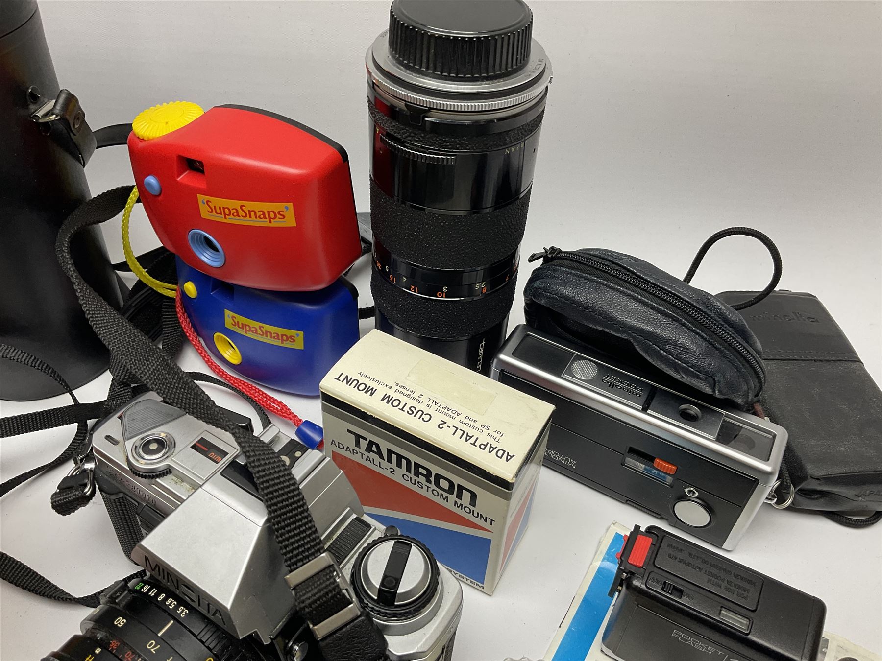 Vintage and later cameras and accessories including Minolta X-300 in carry bag, Tamron lens etc