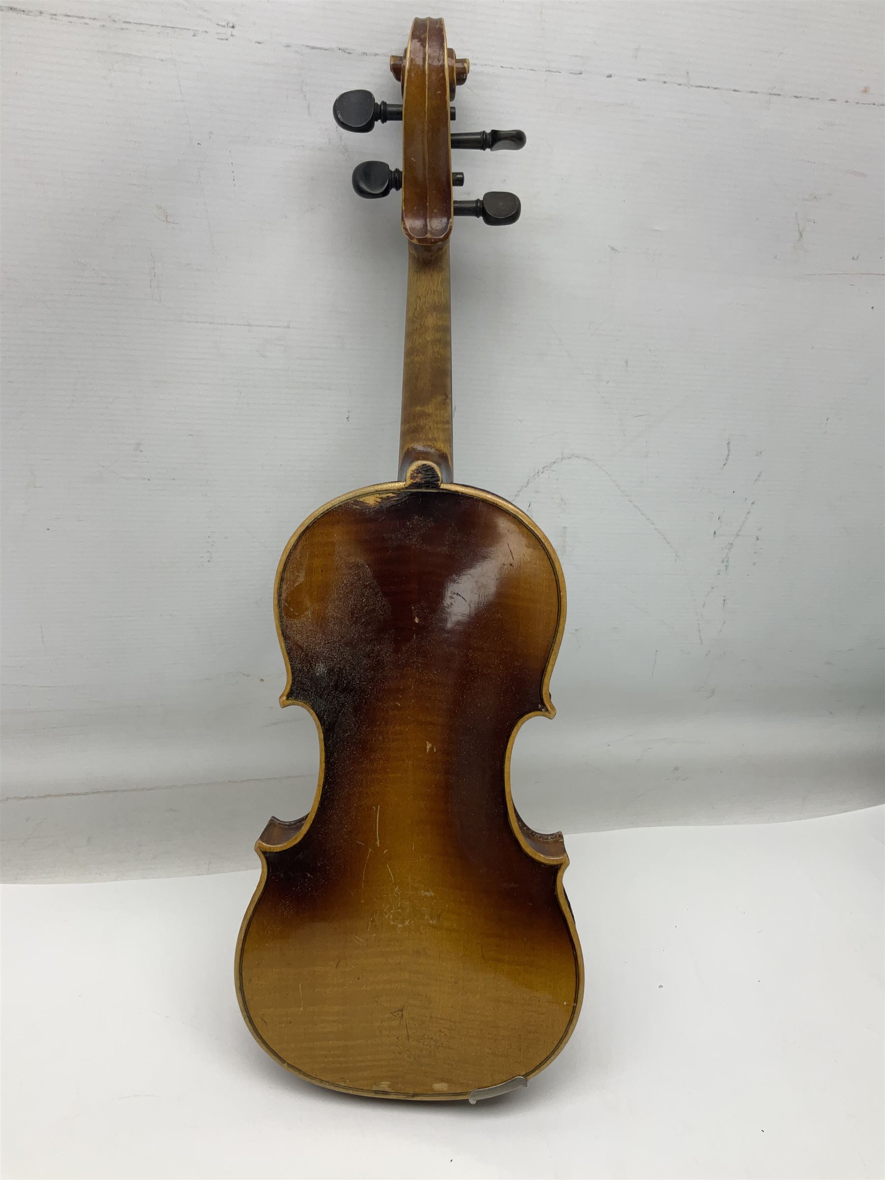 Two three-quarter size violins - German Saxony with 34cm one-piece maple back and ribs and spruce top; L56cm overall; and Hungarian with 34cm two-piece maple back and ribs and spruce top; L56cm overall; each in carrying case with bow (2)