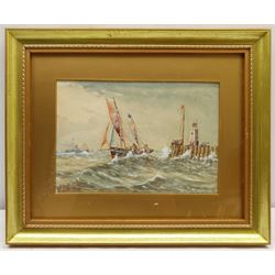 E Adams (British 19th/20th century): Shoreham Fishing Boat with Pier and Lighthouse, watercolour signed 18cm x 27cm