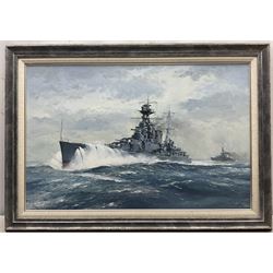 Roger H Middlebrook (British 1929 -): 'HMS Hood in Heavy Seas in the Atlantic', oil on board signed, titled verso 49cm x 74cm 