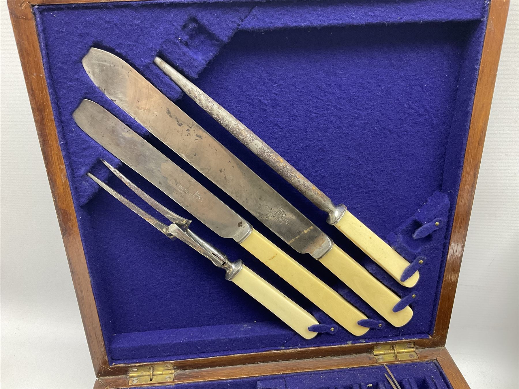 Walker & Hall silver-plate part canteen of cutlery, together with hallmarked silver cutlery comprising pair of Robert Pringle & Sons teaspoons, fork and butter knife, and silver handled knife and fork, cased set of Walker & Hall fish servers with simulated bone handles, and quantity of silver-plate and other cutlery