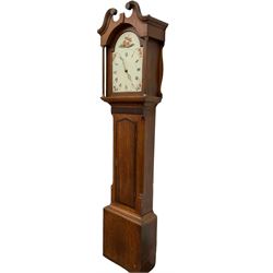19th century - Oak cased 30-hr longcase clock, with a swan's neck pediment and unsigned painted break-arch dial beneath, hood with shaped back splats and reeded pilasters, trunk with canted corners and a wavy topped door with cross banding, square plinth with no feet, dial with Roman numerals, painted floral spandrels and a depiction of fruit to the arch, chain driven countwheel striking movement, striking the hours on a bell.  With weight but no Pendulum.