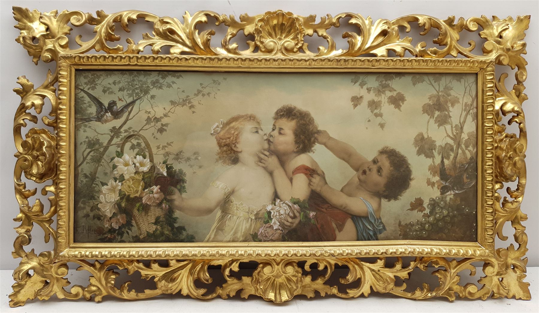 FRAMES - Ornate 19th century Florentine carved giltwood frame, shell pediments surrounded by scrolling acanthus leaves, containing a French lithograph, aperture 29cm x 68cm