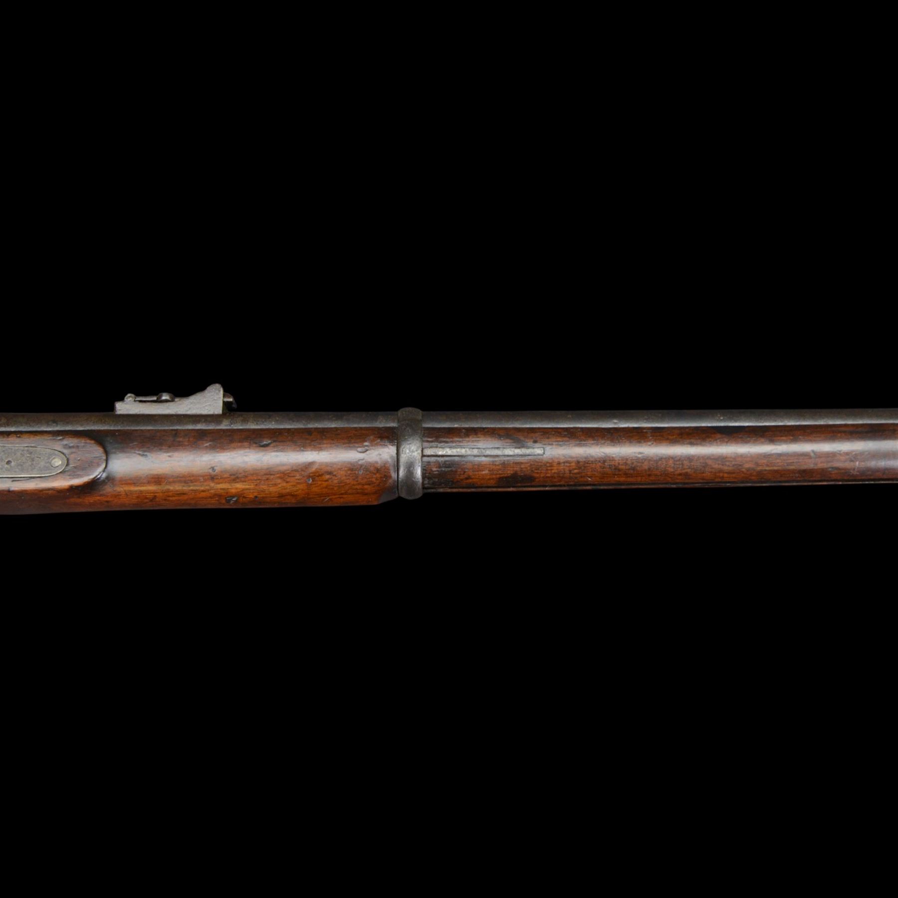 19th century Enfield percussion rifle, the 99cm barrel with three barrel bands, fore sight and rear sight, ramrod under, full walnut stock with brass butt, carrying sling brackets, action marked '1855 Tower' with Victoria cypher, overall L138cm