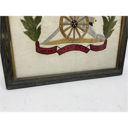 Embroidered framed panel, with the heraldic crest for Royal Regiment of Canadian Artillery, H44cm, W44cm