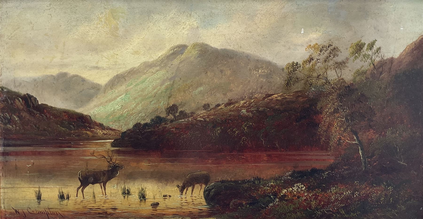 William James Smith Crampton (British 1855-1935): Highland Stag, oil on board signed 24cm x 46cm 