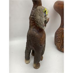 Helen Skelton (British 1933 – 2023): Three carved wooden abstract sculptures, each modelled as a cat, with carved or painted features, largest H63cm. Born into an RAF family in 1933 in Kent and travelled the world extensively during her childhood. After settling in Bridlington, Helen immersed herself in painting, textiles, and wood sculpture, often inspired by nature's beauty. Her talent was showcased in a one-woman show at Sewerby Hall and recognised with the sculpture prize at Ferens Art Gallery in 2000. Sadly, Helen’s daughter passed away from cancer in 2005. This loss inspired Helen to donate her sculptures to Marie Curie upon her passing in 2023.