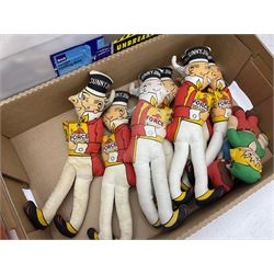 Quantity of Sunny Jim advertising soft toys, together with a quantity of Mcdonalds toys in two boxes