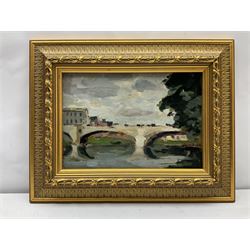 Bernard Lamotte  (French 1903-1983): City Bridge, oil on panel signed, dated 1950 verso 23cm x 33cm