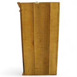 Early 20th century oak wall-mounted corner cabinet, moulded cornice above a single glazed door with six-panel astragal glazing, fitted interior with two shaped shelves