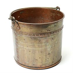 Riveted copper bucket with swing handle, marked with initials and 1864 H31cm x D34cm