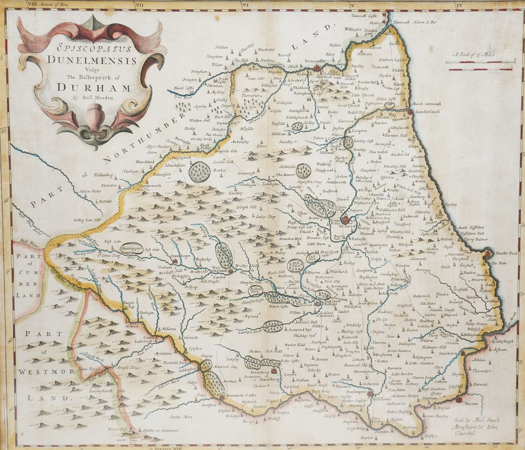 Robert Morden (British c.1650-1703): 'Episcopatus Dunelmensis Vulgo - the Bishoprick of Durham', 17th/18th century engraved map with hand-colouring pub. c.1695, 38cm x 43cm