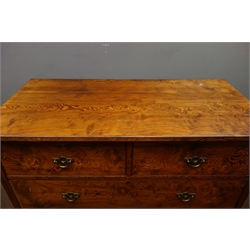  19th century pitch pine veneered chest, two short and three long drawers, on plinth base, W123cm, H121cm, D61cm  