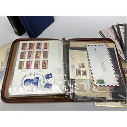 Stamps and ephemera, including first day covers mostly with Scottish postmarks, silk and other postcards, 'Bon Accord' the Scottish illustrated news dated November 6 1886, envelopes with Buckingham Palace EIIR stamp, 'The York Stamp Album' containing pre and post decimal stamps etc, in one box